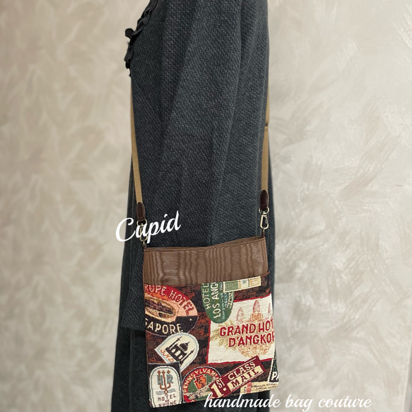 スペイン輸入のゴブラン織を前ポケットにホテルスタンプ柄の便利サコッシュ（受注販売） 6枚目の画像