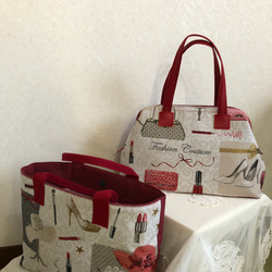 フランスジャガード パリ クチュール使用のトートバッグ　（赤 バッグ、ハット、コスメ、ハイヒール） 5枚目の画像