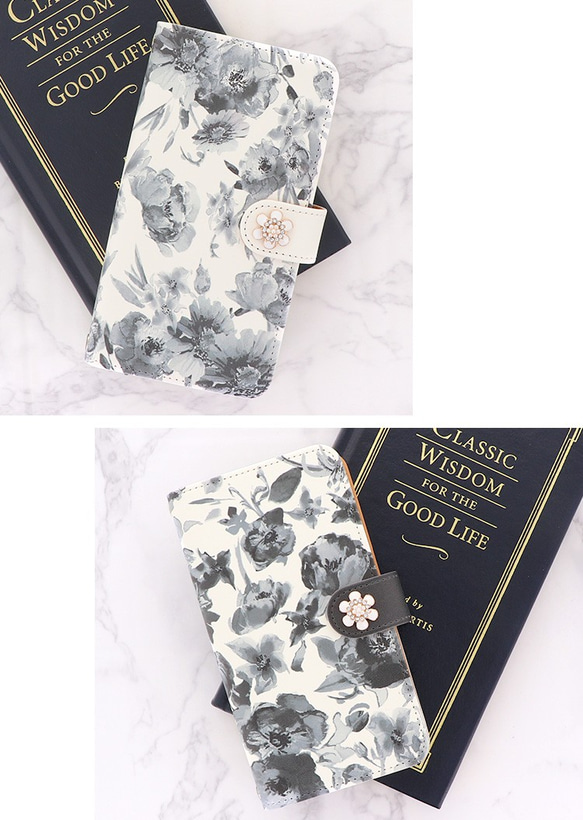 スマホケース 全機種対応 手帳型 iPhone15/14 Galaxy Xperia 花柄 白黒 dia-103 5枚目の画像
