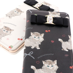 スマホケース 全機種対応 手帳型 iPhone1514 Galaxy Xperia 帯なし 猫 リボン belt-039 8枚目の画像