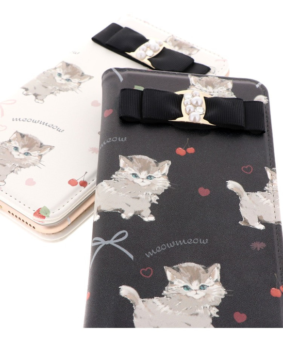 スマホケース 全機種対応 手帳型 iPhone1514 Galaxy Xperia 帯なし 猫 リボン belt-039 8枚目の画像