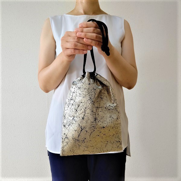 オーダー　金彩工芸　錫箔　真綿箔仕上げ　コットン紬風グリーン色地製　「合切袋」