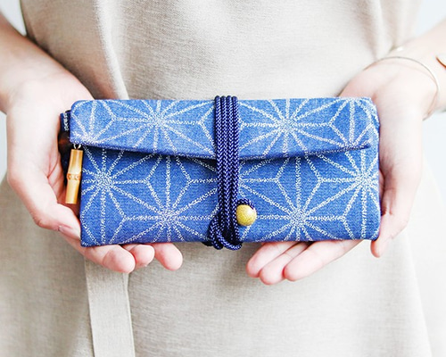 金彩工芸 麻の葉 銀仕上げ デニム地製 「道中財布」 長財布 商標登録
