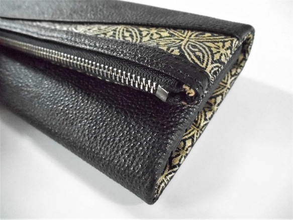 【革再入荷！！】　オーダー　金彩工芸　七宝　金仕上げ　姫路黒桟革×金糸織帯地　「本革製道中財布」 をかし 商標登録　をかし