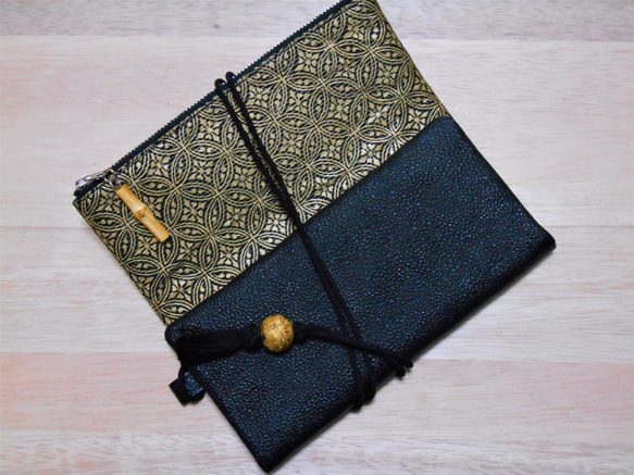 【革再入荷！！】　オーダー　金彩工芸　七宝　金仕上げ　姫路黒桟革×金糸織帯地　「本革製道中財布」 をかし 商標登録　をかし