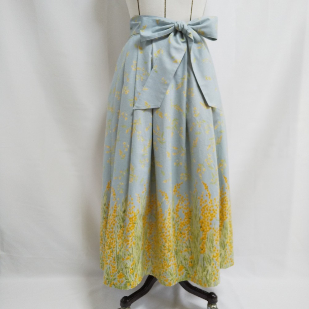 【受注生産】★ミモザ柄タックスカート(ライトブルー×イエロー)★
