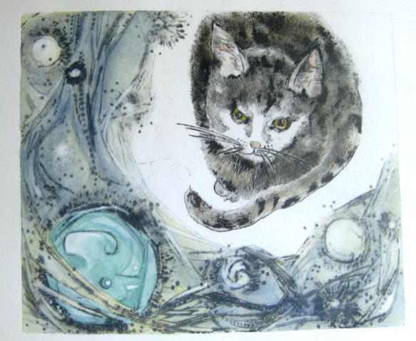 額付き銅版画応用絵画　title「よりそい猫」 窓から猫が/銅版画 (額あり） | iichi 日々の暮らしを心地よく