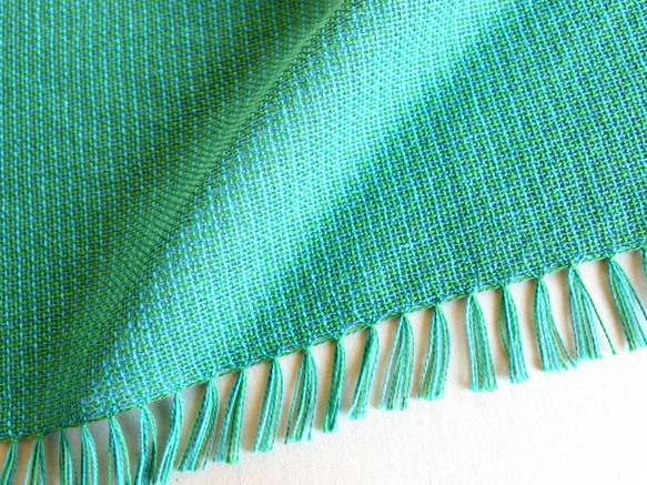 リネン×コットン 手織りストール  (ターコイズブルーxエメラルドグリーン) 5枚目の画像