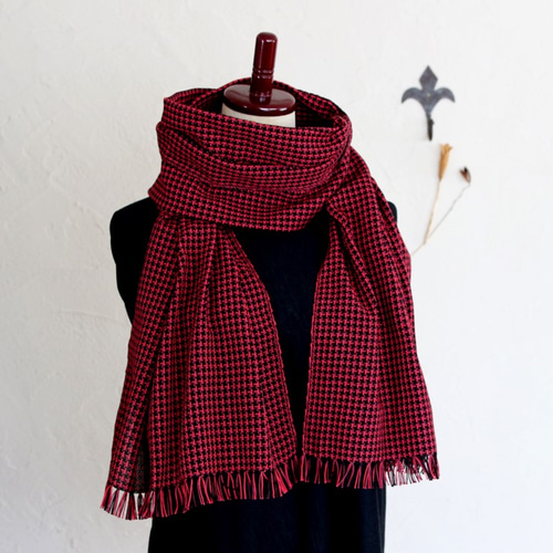 1ハンドメイドパンツとストール2点 コットン100% チクチクしない手織りストール【ブラックxボルドーx