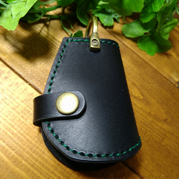 スマートキーケース手縫い　BMWmini Key case BLACK&ビリジアングリーン ステッチ　1個 4枚目の画像