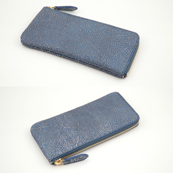 FIORINO 光を纏って美しく輝く スペイン シープレザー 薄型 L字ファスナー 長財布 ブルー 3枚目の画像