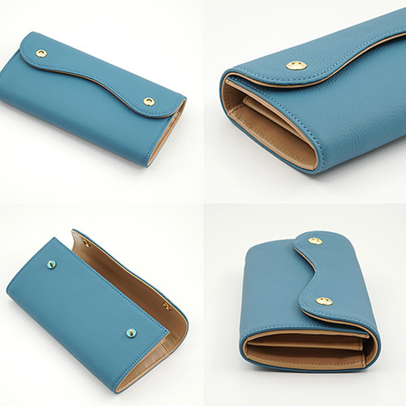 【受注生産】ドイツシュリンク カブセ型 長財布　２つ釦（ボタン）と曲線が 可愛い 本革 レディース 財布  ジーンブルー 3枚目の画像