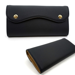 【受注生産】ドイツシュリンク カブセ型 長財布　２つ釦（ボタン）と曲線が 可愛い 本革 レディース 財布 ブラック（黒） 2枚目の画像