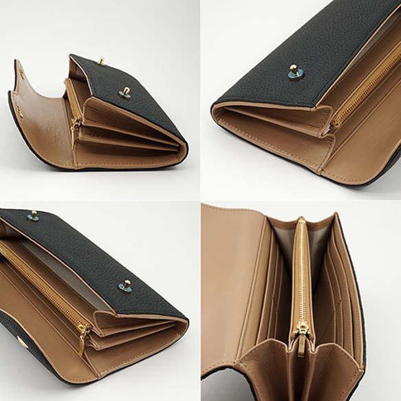 【受注生産】ドイツシュリンク カブセ型 長財布　２つ釦（ボタン）と曲線が 可愛い 本革 レディース 財布 ブラック（黒） 4枚目の画像