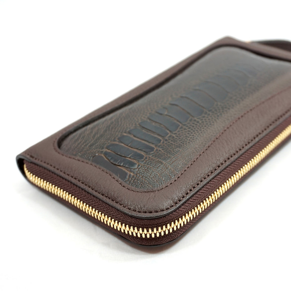 《数量限定》ドイツシュリンク × オーストレッグ 駝鳥革 ラウンドファスナー型 長財布 チョコ 4枚目の画像