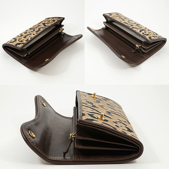 イタリア Dolmen社 ハラコ カブセ型 マグネット ２つ釦（ボタン）本革 長財布 ヒョウ柄（M） 4枚目の画像
