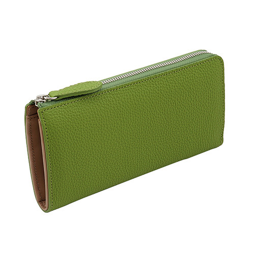 高級牛革 ドイツシュリンク　本革 L字ファスナー型 長財布 ライトグリーン