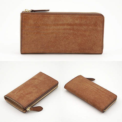 イタリアンレザー 吟スリ ビンテージ加工 MARGOT L字ファスナー型 本革 長財布 ブラウン