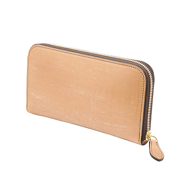 英国 高級牛革 ブライドルレザー 本革 ラウンドファスナー 長財布 バイカラー（ナチュラル／チョコ） 