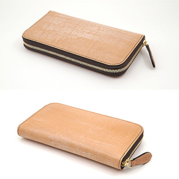 英国 高級牛革 ブライドルレザー 本革 ラウンドファスナー 長財布 バイカラー（ナチュラル／チョコ） 