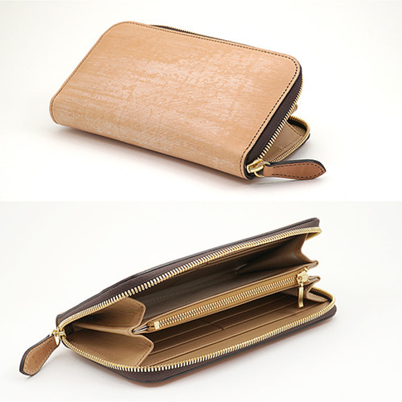 英国 高級牛革 ブライドルレザー 本革 ラウンドファスナー 長財布 バイカラー（ナチュラル／チョコ） 