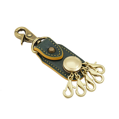 高級 英国皮革 本革 ブライドルレザー レバーナス 5連 キーホルダー グリーン　※バスコ：イエロー