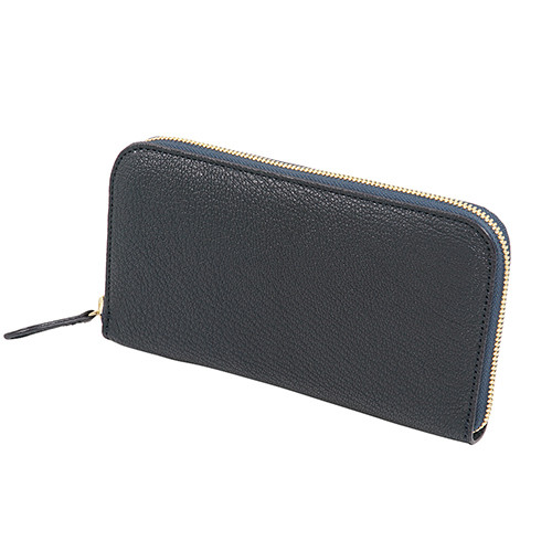 ボリュームあるシボ 山羊革 (ゴートシュリンク) 財布 ラウンドファスナー 長財布 紺