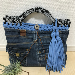 桔梗様 ハンドメイドバッグ デニムリメイクバッグ リメイクデニム カゴ