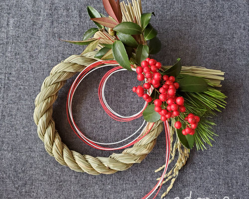 初春'' 若松と南天と稲穂の和モダンお正月飾り(生花) しめ縄・しめ飾り