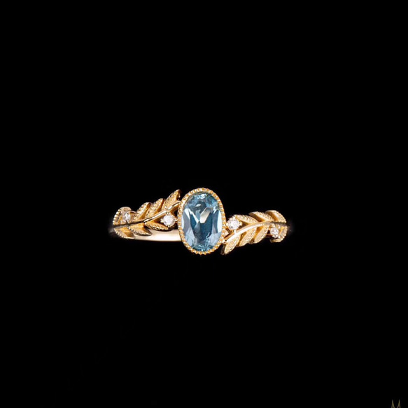 「夢・飛翔」K18イエローゴールド　天然アクアマリン　天然ダイヤモンド　リング　和名藍玉もしくは水宝玉 3月誕生石 1枚目の画像