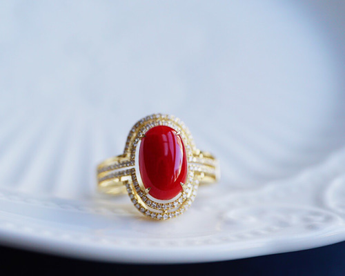 K18  天然血赤珊瑚　ダイヤモンド付き指輪リング3.26g 10号(A346） K18 天然血赤珊瑚ダイヤモンド付き指輪リング3.26g 10号(A346）