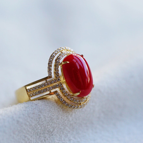 受注制作「幸運・コーラル」K18 天然上品血赤珊瑚宝石 天然