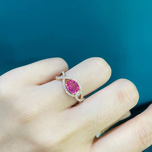 K18 天然ピンクサファイアリング 1.12ct ダイヤモンド入り 18金 鑑別