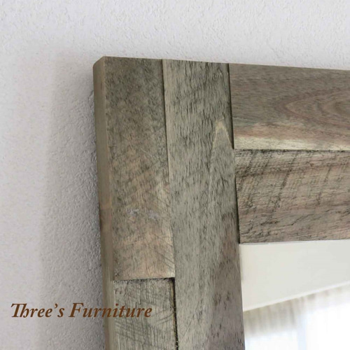 ヴィンテージ風ミラー グリーン色 アカシア無垢材 シャビー ミラー  