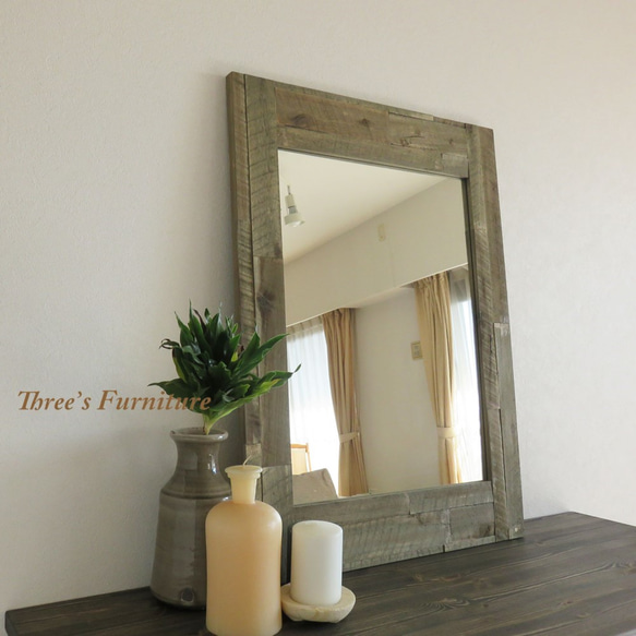 ヴィンテージ風ミラー グリーン色 アカシア無垢材 ブルックリン  