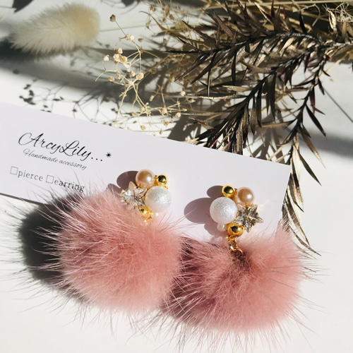 スター ビジュー ふわふわ ミンク ファー ピアス +*. イヤリング