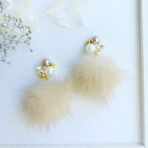 スター ビジュー ふわふわ ミンク ファー ピアス +*. イヤリング