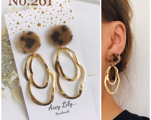 再販26　レオパード　タッセル　リボン　ヒョウ柄　グレー　ピアス　イヤリング 1_42483580842b3973157501577544