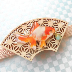 再(国産ひのき帯留)　麻の葉扇に金魚＆ガラス泡玉 2枚目の画像