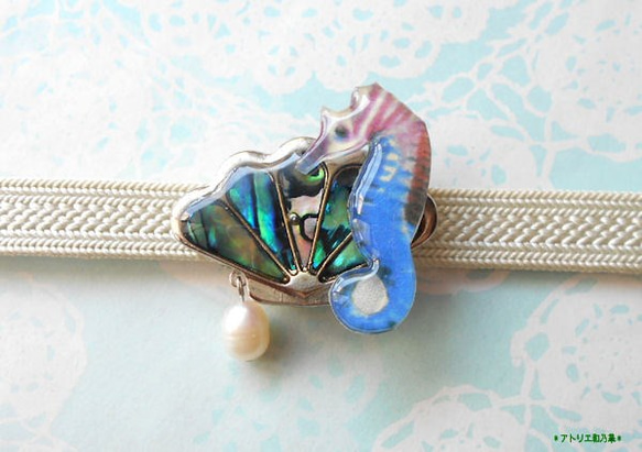 (帯留）アバロンシェルの真珠貝にタツノオトシゴ＆淡水パール 1枚目の画像