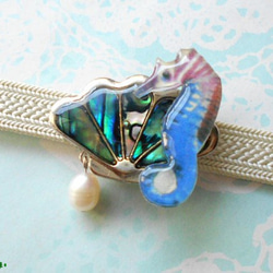 (帯留）アバロンシェルの真珠貝にタツノオトシゴ＆淡水パール 2枚目の画像