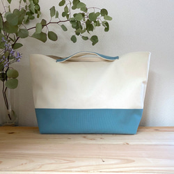キャンバスバッグ(L)　手持ち 大容量 トートバッグ シンプル 帆布 水色 ブルー 生成り ナチュラル102 3枚目の画像