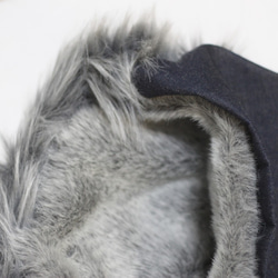 狼系シルバーグレーの長毛エコファーとネイビー系カラフルドット ヘビーオンスデニムの3種スヌード 猫系短毛エコファーの裏地 8枚目の画像