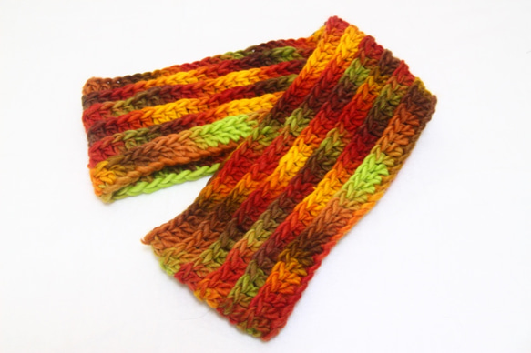 【冬物限定セール】日本製毛糸　ウール100％ オレンジとブラウンベースの暖色系 紅葉のような暖かロングスヌード 5枚目の画像
