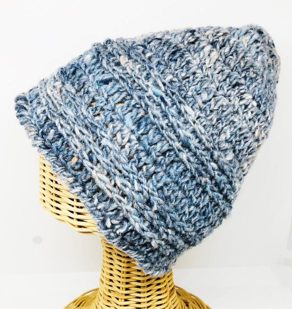 【送料無料】NORO羊毛100％ 野呂毛糸 ボーダー編みニット帽 ブルーグレー系 2枚目の画像