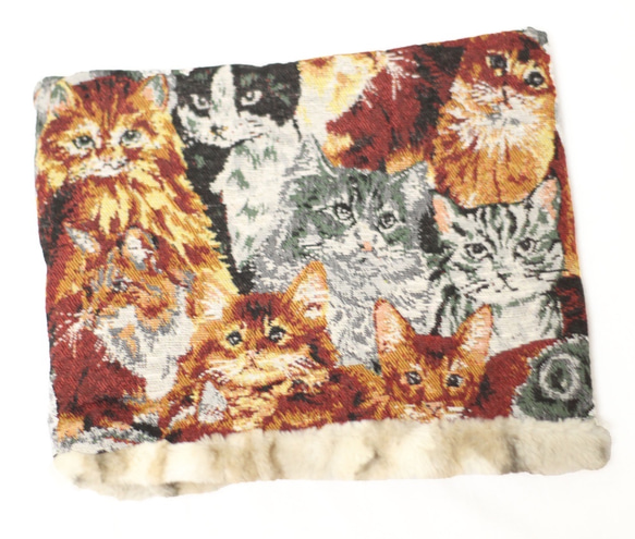 猫いっぱいゴブラン織り ミックスラビットのリバーシブル 幅広スヌード 5枚目の画像