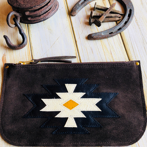 ネイティブ柄スリムベロアレザーポーチ小物入れ オルテガ柄 ポーチ