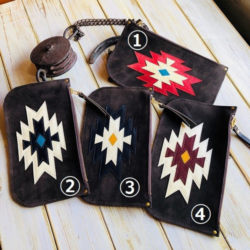 ネイティブ柄スリムベロアレザーポーチ小物入れ オルテガ柄 ポーチ
