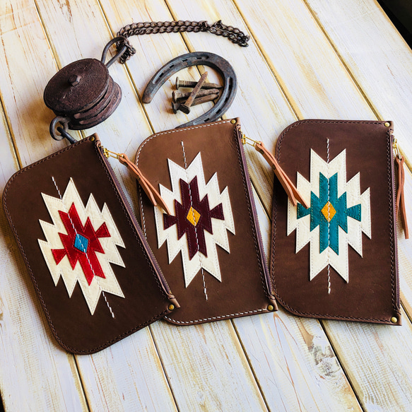 RRL オルテガ柄ポーチ　未使用品 手縫いヴィンテージヌメ ネイティ柄スリムレザーポーチ小物入れ