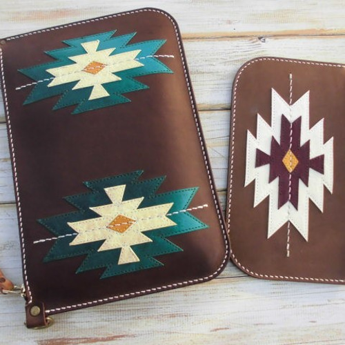 手縫いヴィンテージヌメ ネイティ柄スリムレザーポーチ小物入れ